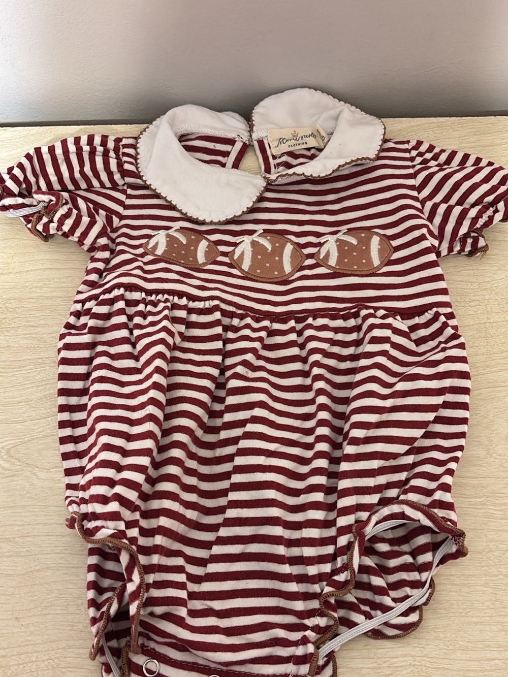 Mini One-Piece Romper with Football Appliqué - Red Stripe